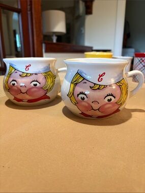 Vintage Campbell’s Ceramic soup cup Set - White with Pink & Yellow
